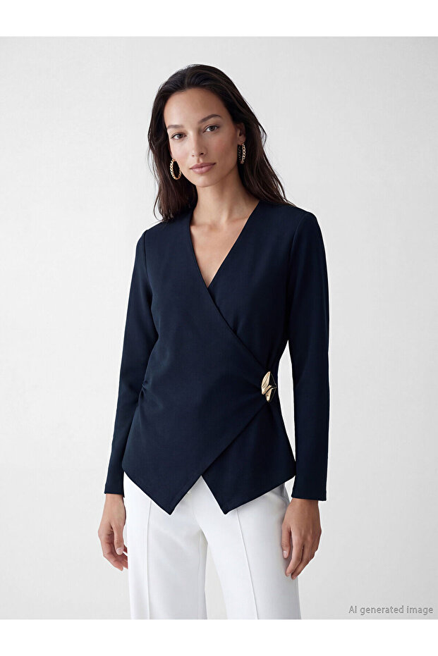 Nevavm Double-Breasted Collar Blouse with Metal Applique