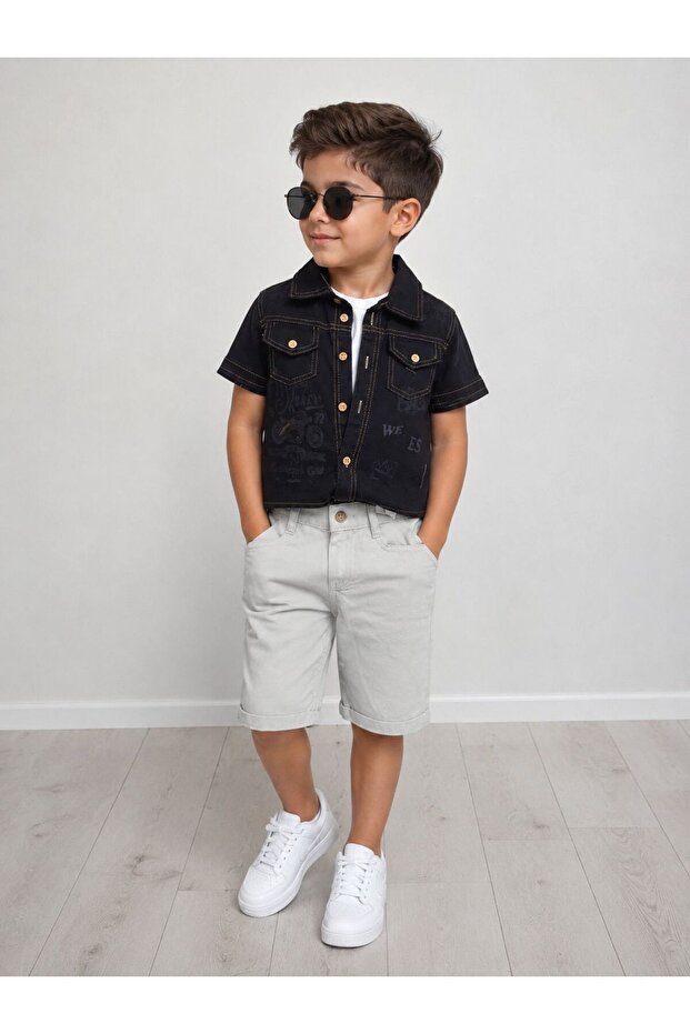 Boy's 3-Piece Summer Combination Set Printed T-Shirt, Denim Shirt, and T-Shirt
