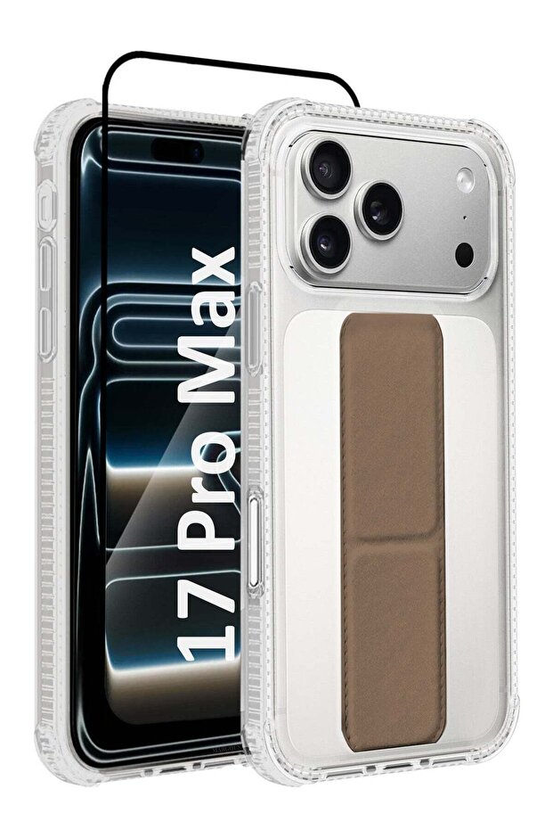 2 Packs Finger Grip Clear Case Cover for iPhone 17 Pro Max - Kickstand Car Magnetic Holder Multi-function Protective Two-in-one Case with 3D Screen Protector - Brown-2