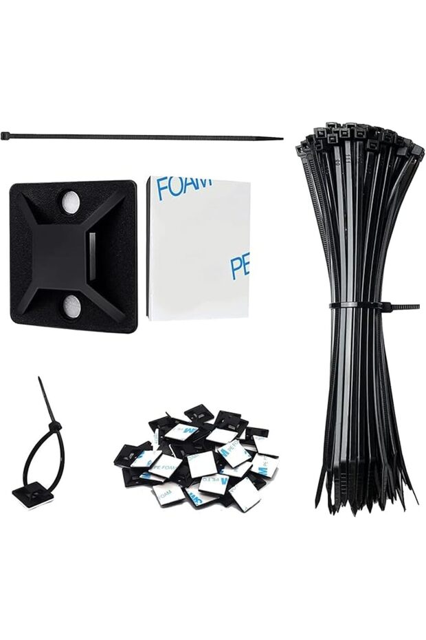 Zip Ties with Adhesive Mounts, 3/4in Cable Ties, 100pcs Durable Multi-Purpose Heavy Duty Wire Clips with Screw Hole & Strong Anchor Sticky Pads for Home/Office/Garage Organization (Black)