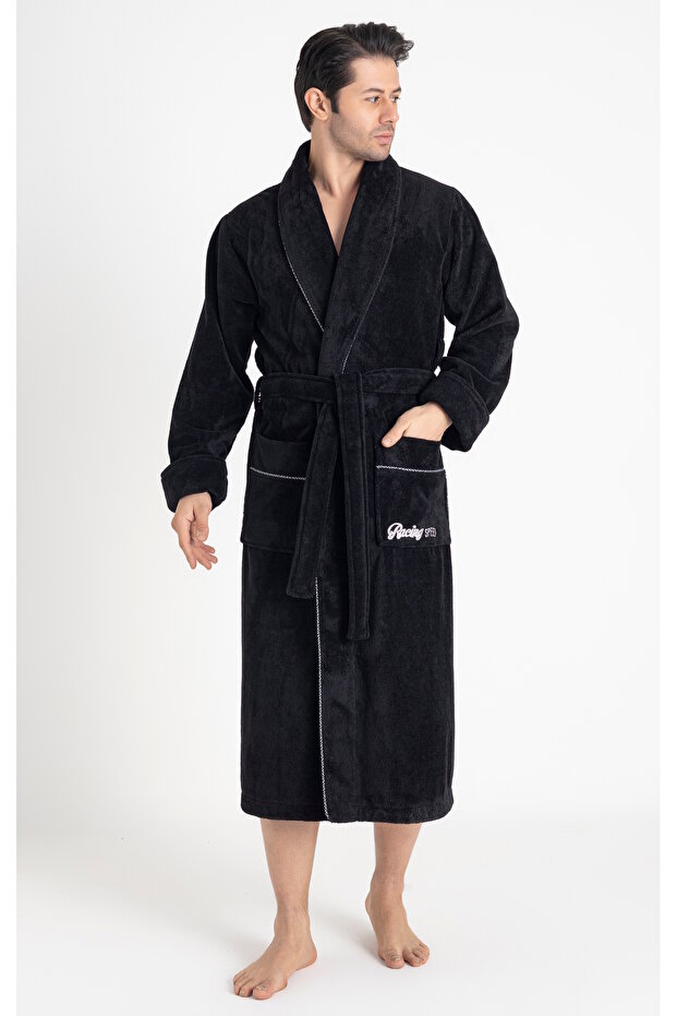 Men's Shawl Collar Embroidered Bamboo Cotton Sport Model Soft Absorbent Luxury Bathrobe