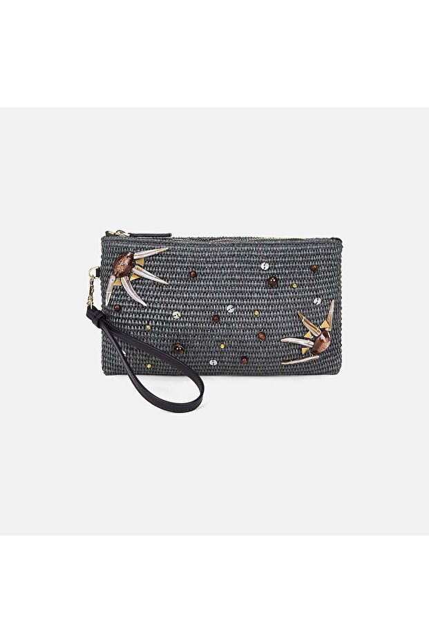 Women's Green Bead Embroidered Straw Clutch