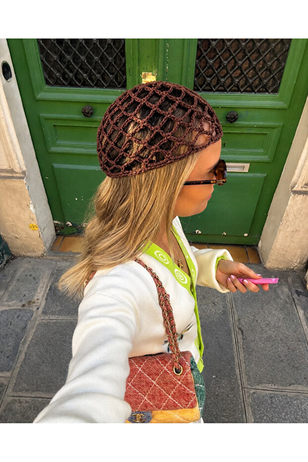 Brown Knitted Bohemian Net Beanie/Bandana/Hairnet