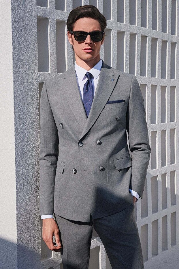 Smoked Gray Swallow Collar Double Breasted 6 Drop Slim Fit Fully Lined Flexible Suit 1001260173