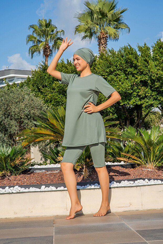 Ruko Tesettür Semi-Closed Short Sleeve Green Swimsuit Set