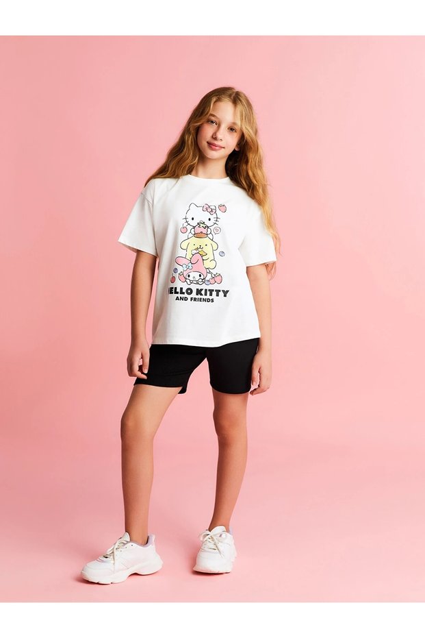 Lcw Kids White Crew Neck Hello Kitty Printed Girls' T-Shirt and Leggings