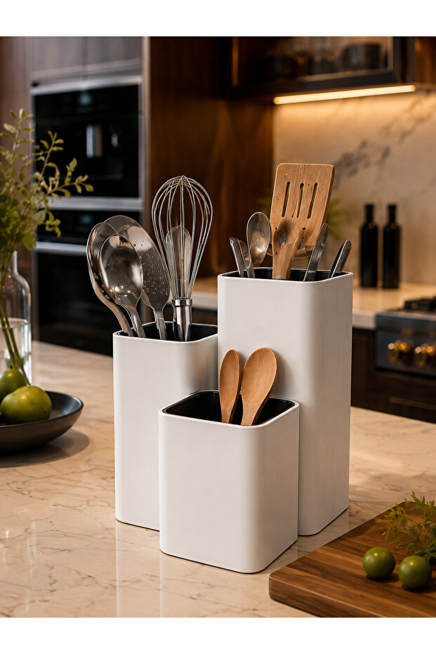 3-Compartment Modern Countertop Kitchen Utensil Holder | Kitchen Organizer Spoon Holder