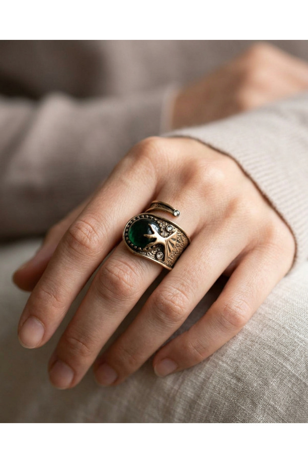 Bronze Women's Vintage Ring Copper Antique Jewelry Green Crystal Stone Mevlevi Model Adjustable
