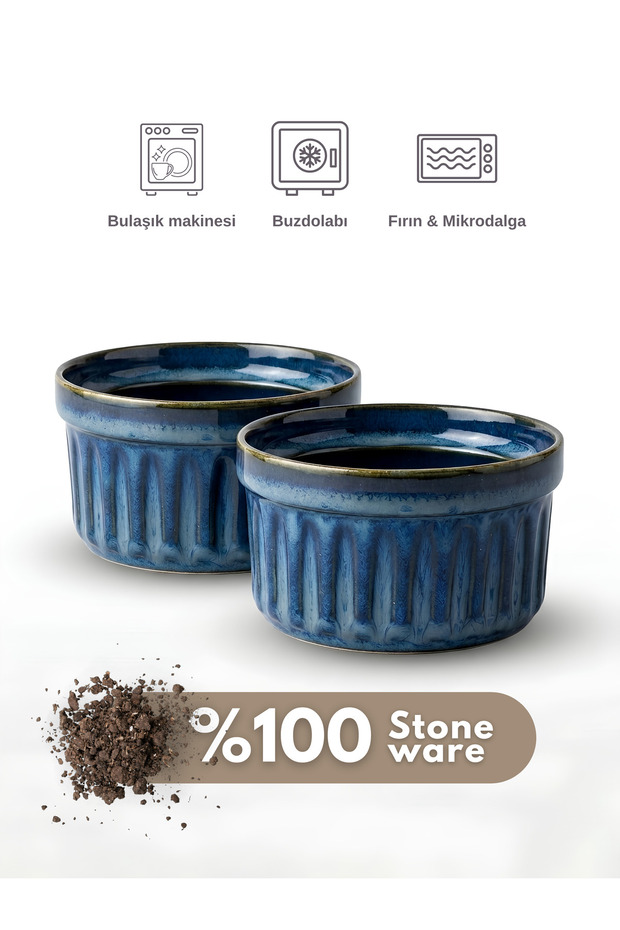 Set of 2 Stoneware Navy Blue Souffle Bowl - Dessert Bowl - Ice Cream Bowl - Snack Bowl - Presentation Bowl - Decorative Bowl