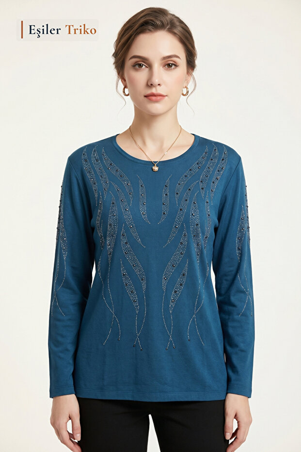 Women's Petrol Willow Leaf Patterned Blouse with Stones on the Chest and Sleeves, Mother Combed Cotton Blouse
