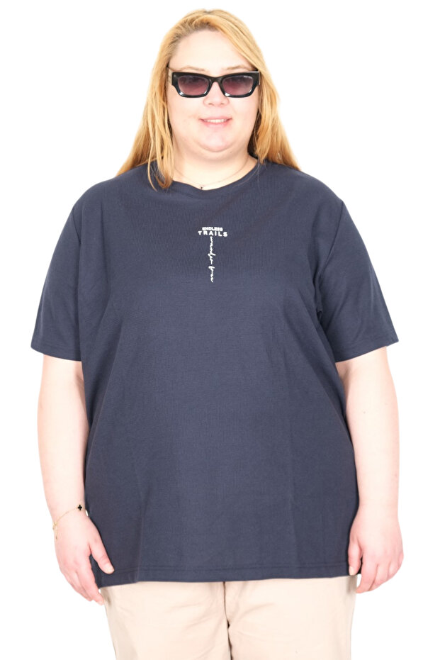 Mode XL Real Plus Size Women's T-Shirt Bıs Endless Trails Waffle U26002 Navy Blue