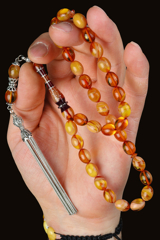 8X11 mm Fakir Usta Silver Nakkaş Ateşi Amber Prayer Beads