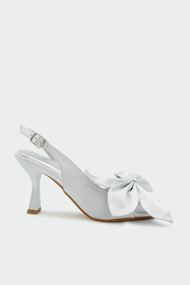 Molina Bow Detailed Women's Gray Satin Heeled Shoes
