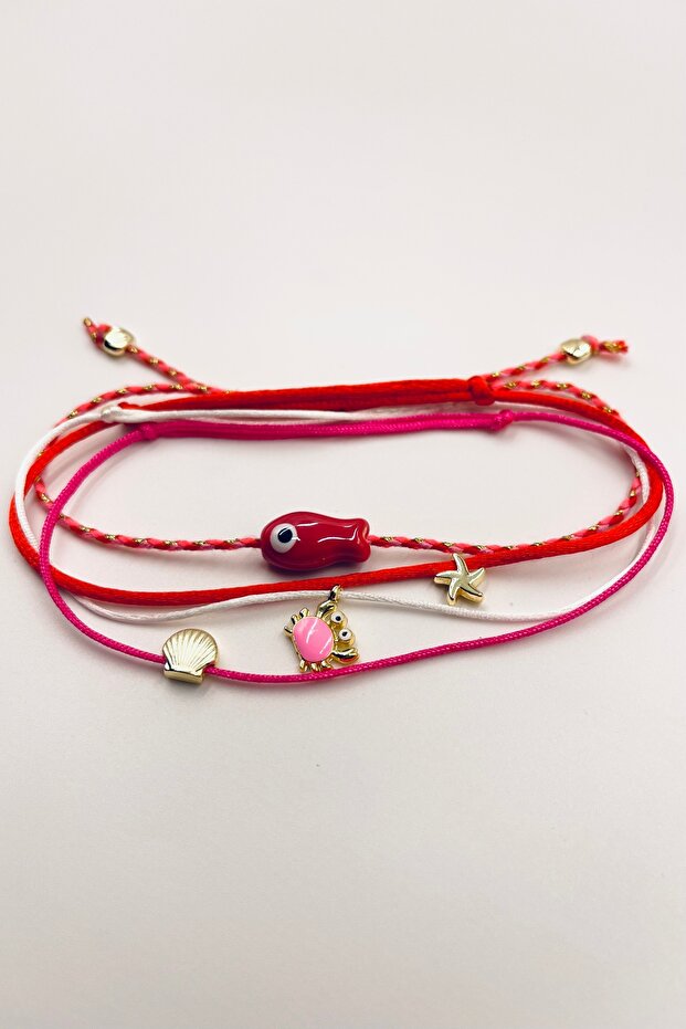 4 Pieces Bohemian Series Red Pink Anklet Set with Sea Beach Figures