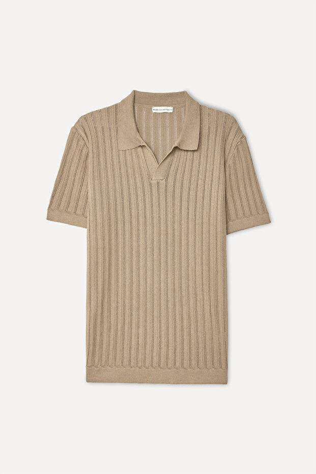 Men's Mink Color Jacquard Polo Collar Short Sleeve Knit Sweater