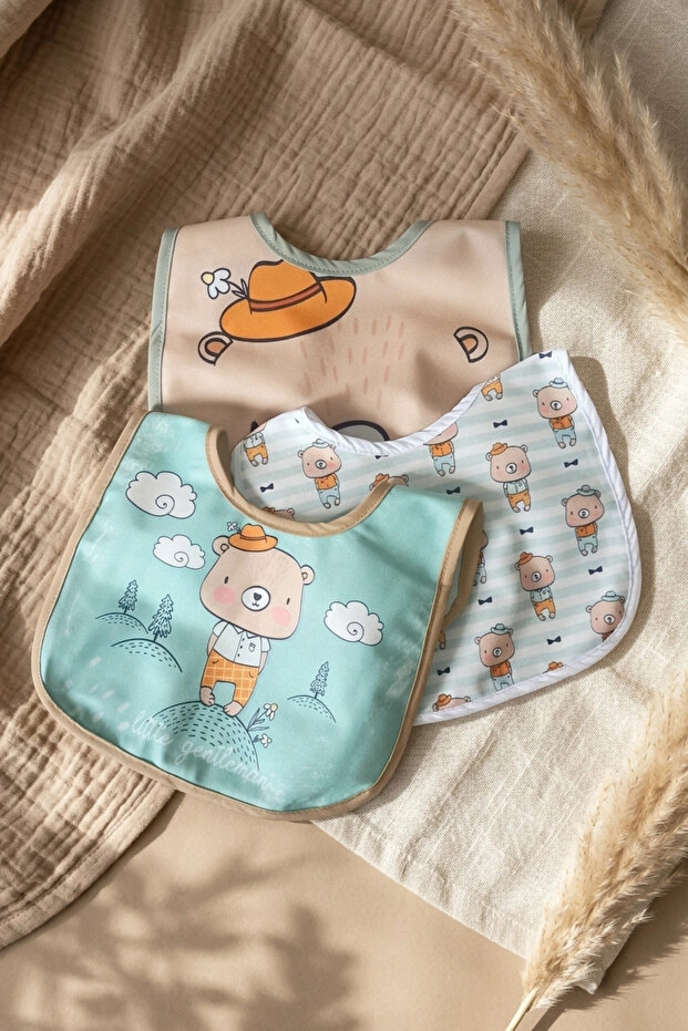 Little Gentleman Series 3-Piece Luxury Cotton Baby Bib - Mint Green and Beige Teddy Bear Patterned Liquid