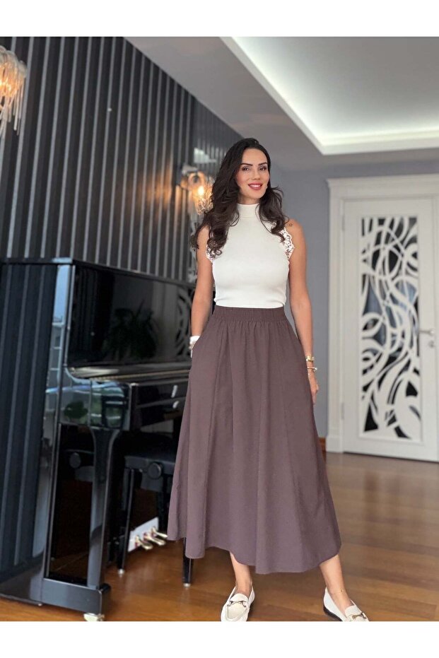 Brown Elastic Waist Long Skirt