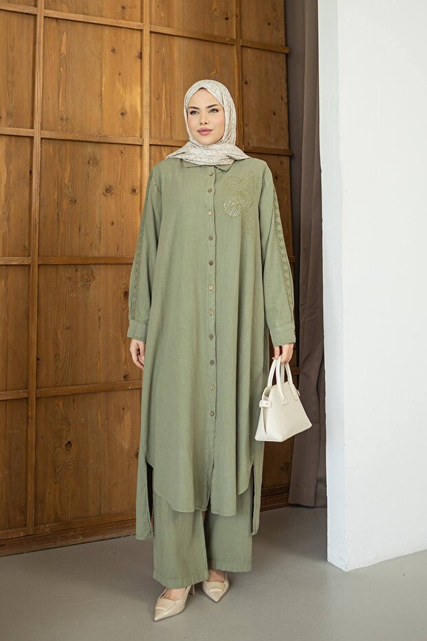 Embroidered Guipure Detailed 100% Linen Cotton Double Set