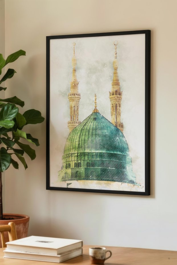 Green Domed Glass Themed Single Wooden Table - Black Wooden Framed Table for Home and Business