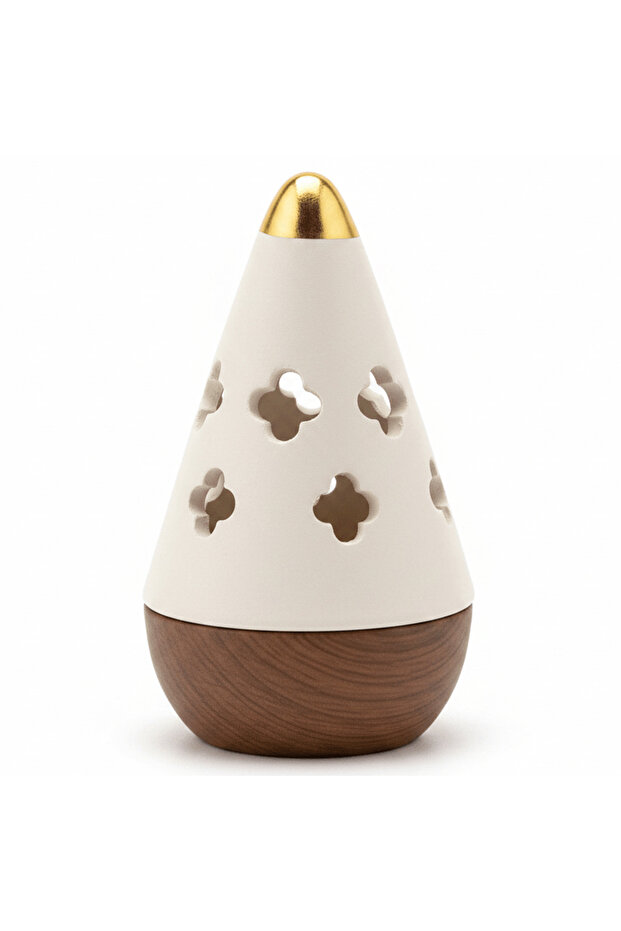 Cream & Brown Ceramic Cone Incense Burner | Quatrefoil Cutout Design | 13 cm