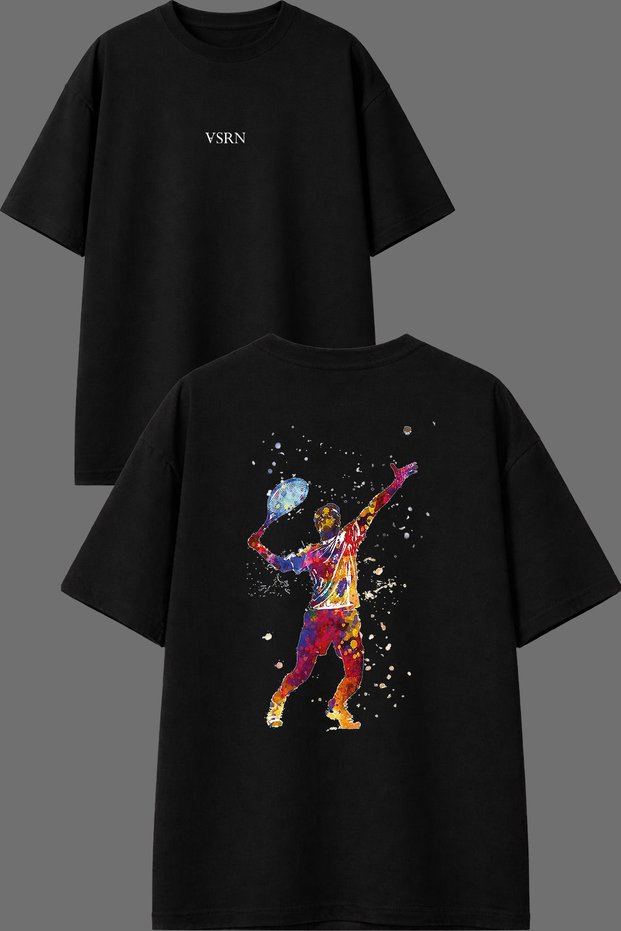 Colorful Tennis Design Front and Back Printed Black Oversize T-Shirt