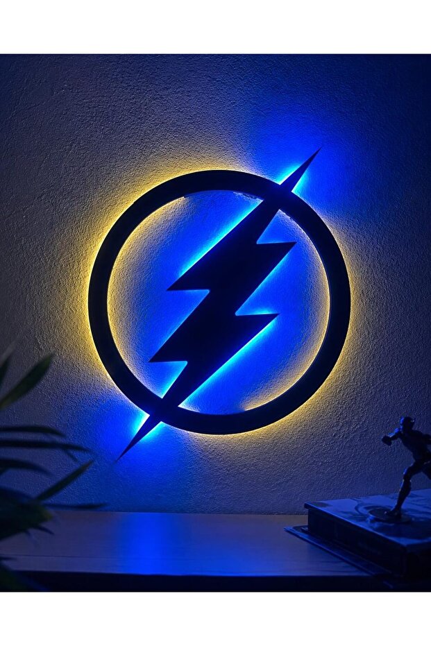 Şimşek Figürü LED Aydınlatmalı Tablo | Modern Soyut Duvar Dekoru | MDF Enerji Temalı Genç Odası Tablosu - 1