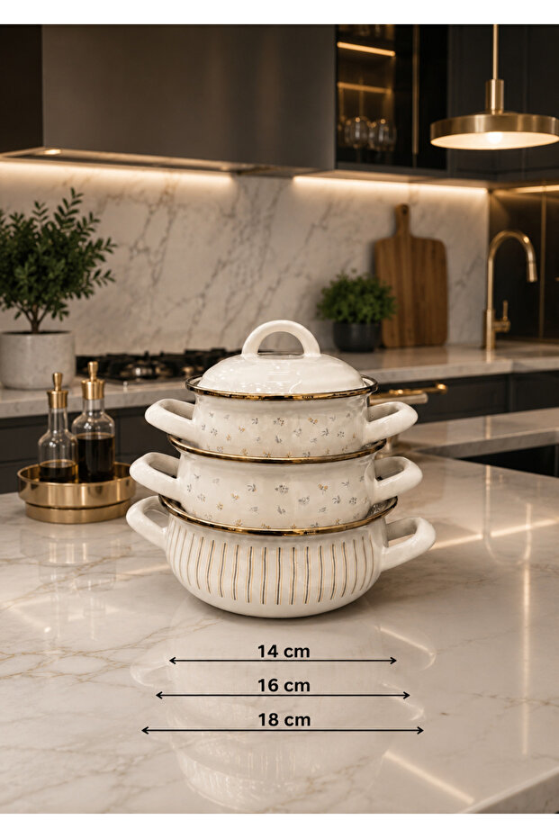 Rosa Series 3-Piece Enamel Pot Set, All with Lids, Total 6 Pieces, 18-16-14 cm