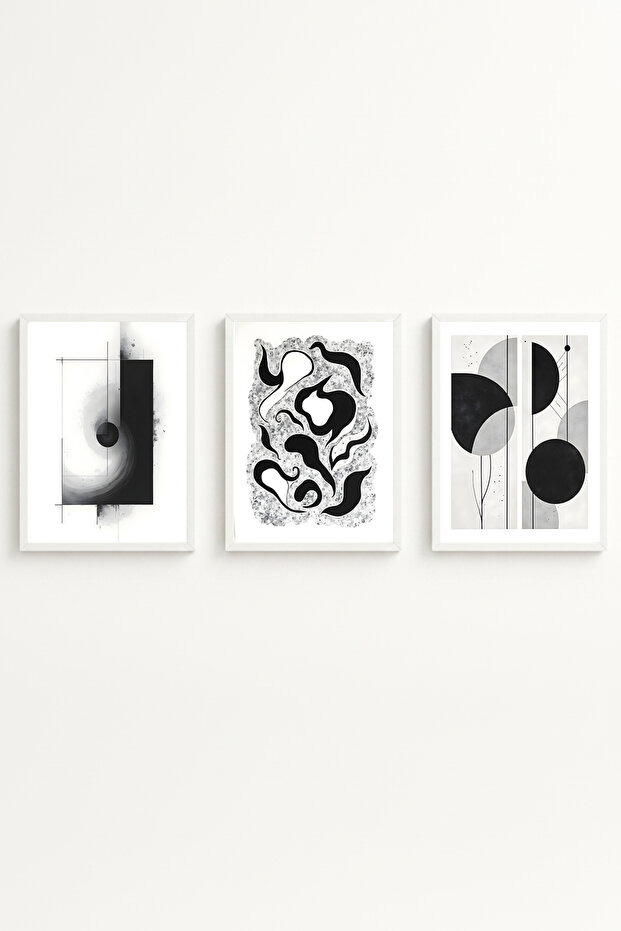 White Wooden Framed 3 Piece Set Painting Huhu425 - Triple Painting Set White Frame