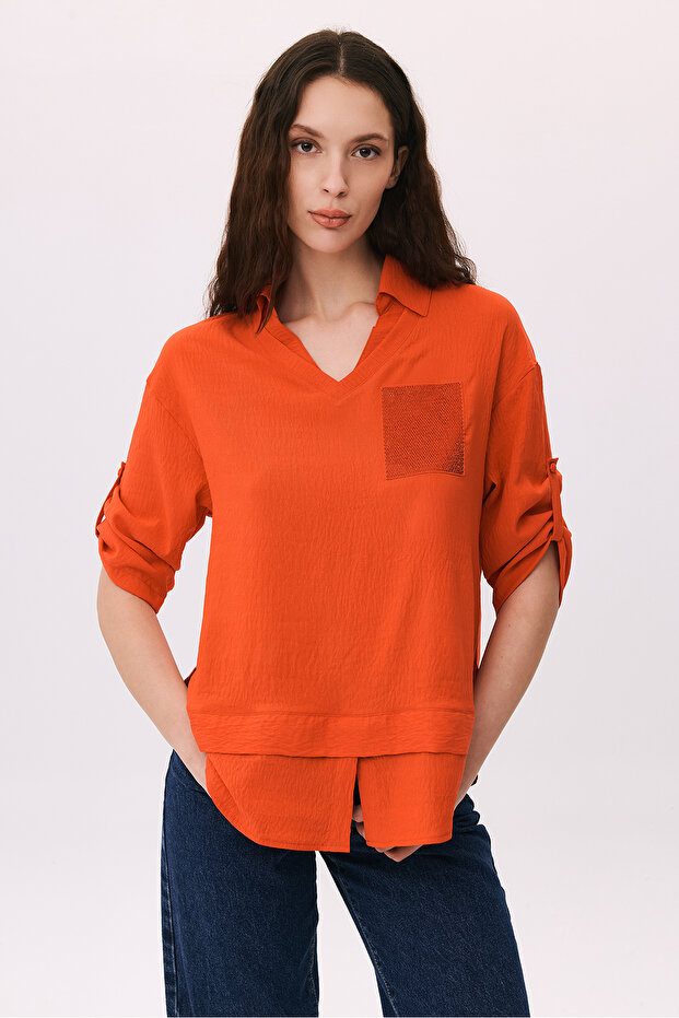 Women's Polo Collar Three Quarter Sleeve Blouse 6258 Red