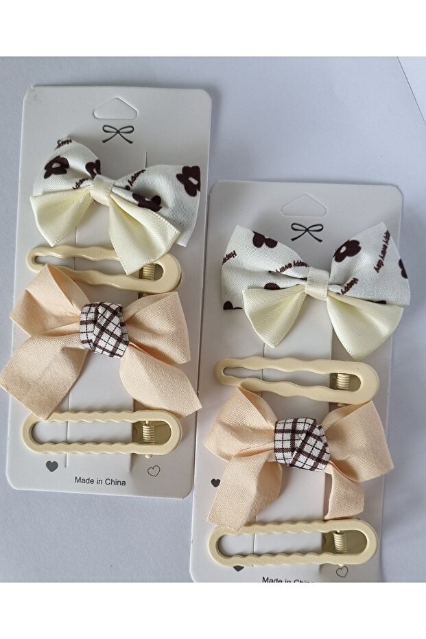 Cute Beige Coquette 2 Piece Set of 4 Bow Hair Clips (8 Pieces) - Bow and Patterned Snap Clip Combination