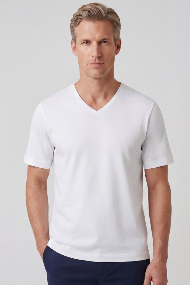 Men's Vision V-Neck Premium Quality Dense Textured Cotton T-Shirt White M102-R0220-01
