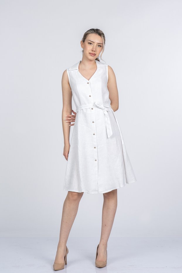 Women's Summer White Vanessa Front Buttoned Belted Linen Dress Stylish Daily Comfortable 50400