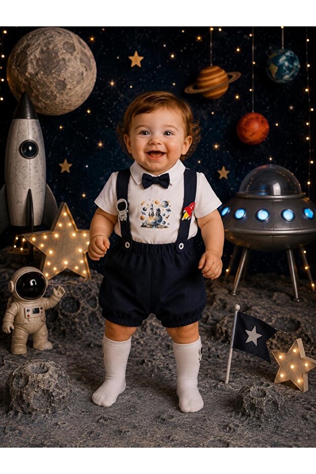 Space Concept Baby Boy Salopet Shirt Socks Bow Tie Set