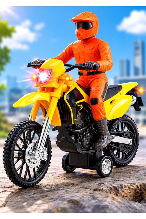 Light-Up Motorcycle Toy Yellow with LED Headlights, Rider Figure & Realistic Stunt Bike Action