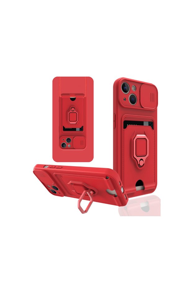 iPhone 13 Compatible Case Zuma Silicone with Ring and Business Card - Red