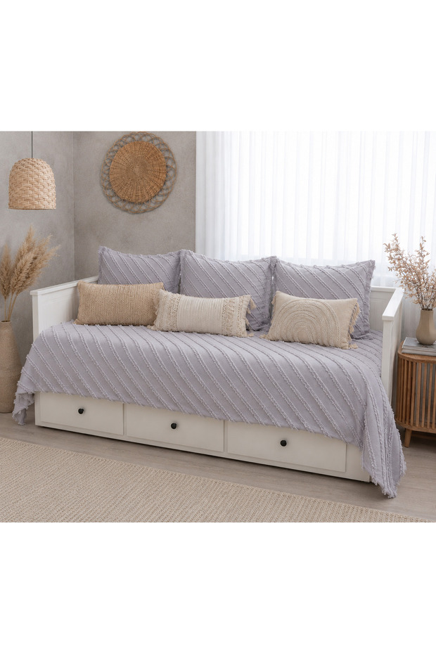 Vitelli Luxury Fringed Divan Cover Anthracite 130X210 and 1 Throw Pillow Cover 40X40Cm