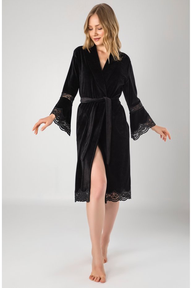 Women's Short Shawl Collar Lace Niki Velvet Bamboo Cotton Dressing Gown