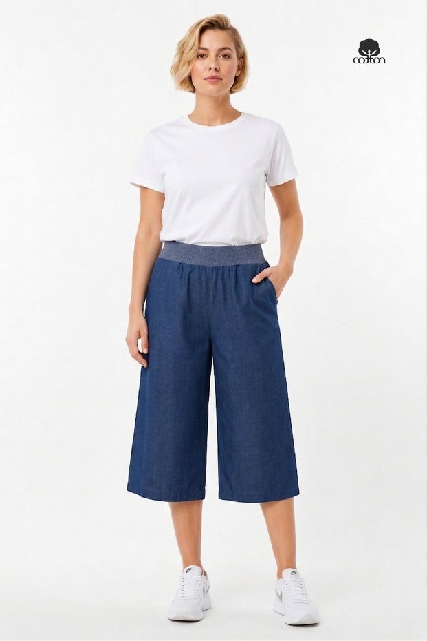 Women's Capri Elastic Waist Comfortable Cut Regular Waist Wide Leg Slim Jeans Capri Trousers Indigo Blue