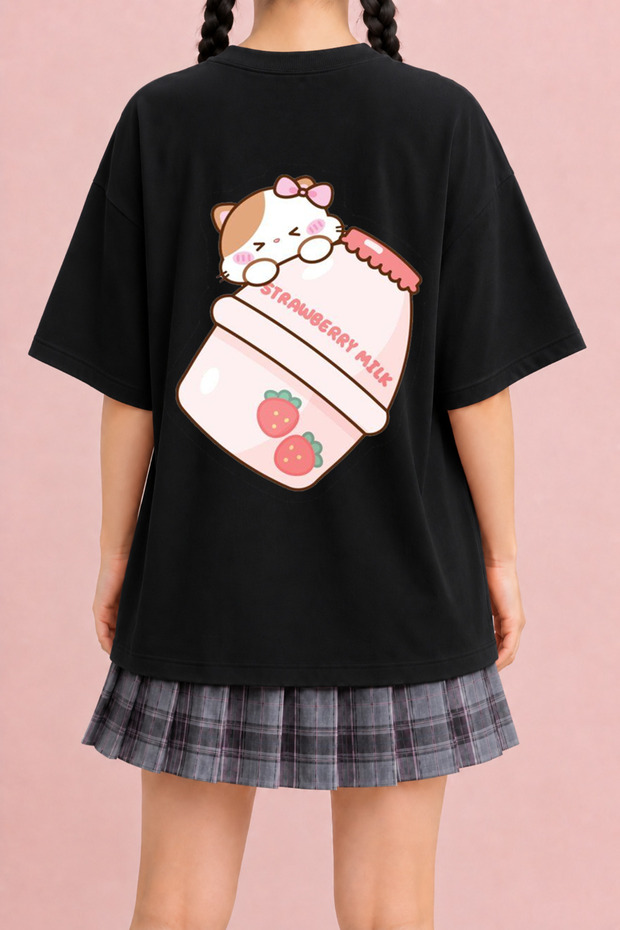 Women's Strawberry Milk Cat Printed Oversize Crew Neck Cotton Casual Combed Cotton T-Shirt