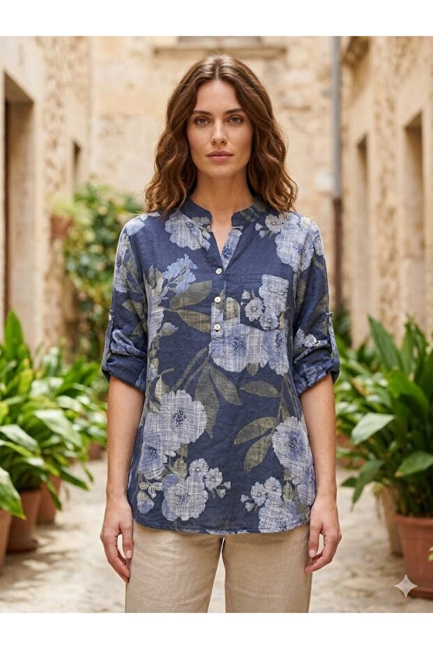 Women's Italian Three-Button Collar Floral Pattern Pocketed 100% Cotton Blouse