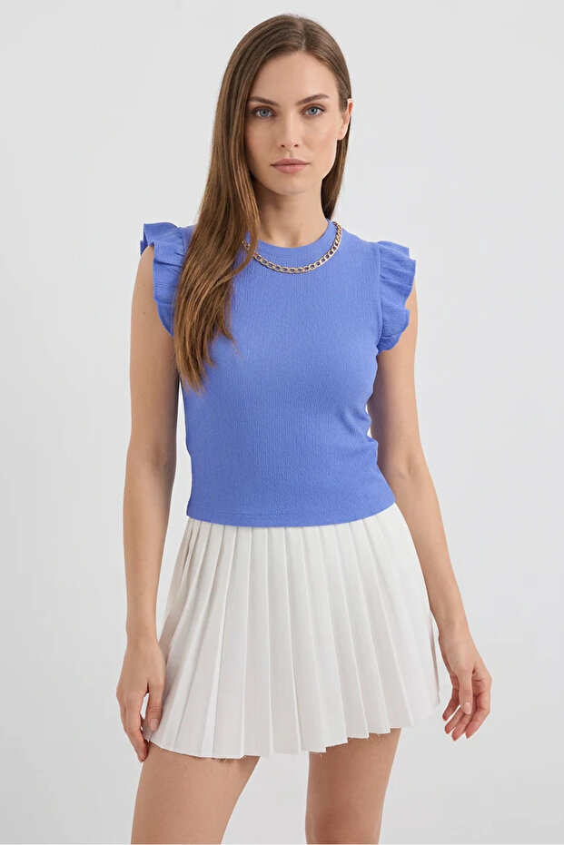 Women's Round Neck Ruffle Sleeve Blue Blouse