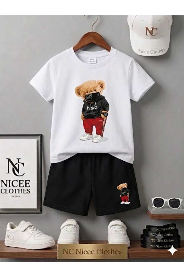 Summer Children's T-Shirt Shorts Unisex (Hello Masked Bear)