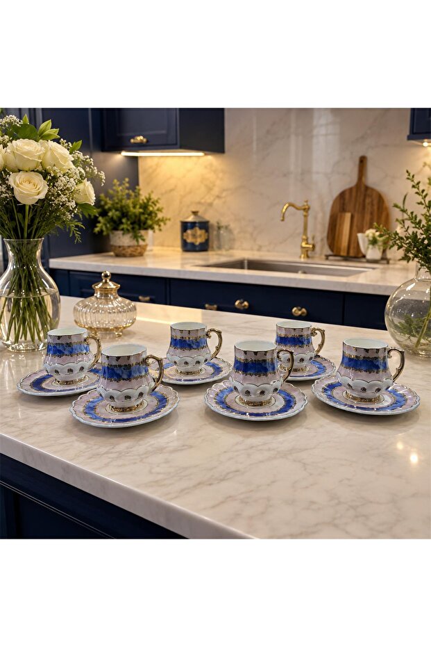 Julianne Handmade 6-Person Coffee Cup Set – Blue Porcelain Turkish Coffee Set with Gold Detail