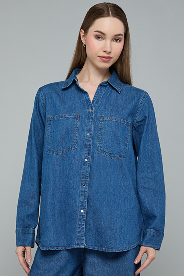 Washed Denim Shirt with Classic Collar and Long Sleeves