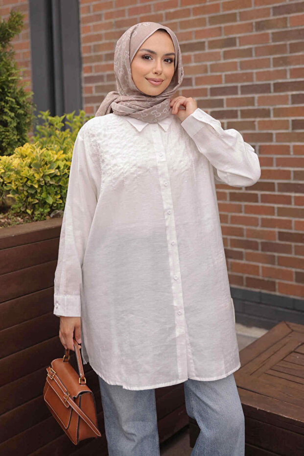 White Sequin Embroidered Shirt