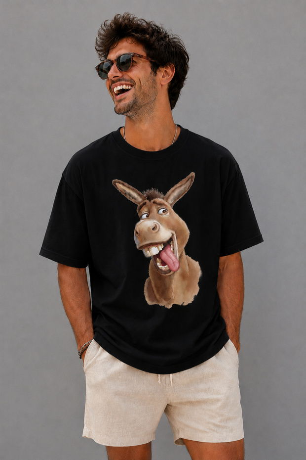 Funny Donkey Character Printed Unisex Oversize T-Shirt – Cotton Crew Neck Casual T-Shirt