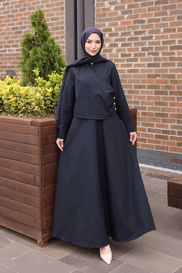 Navy Blue Button Detailed Dress