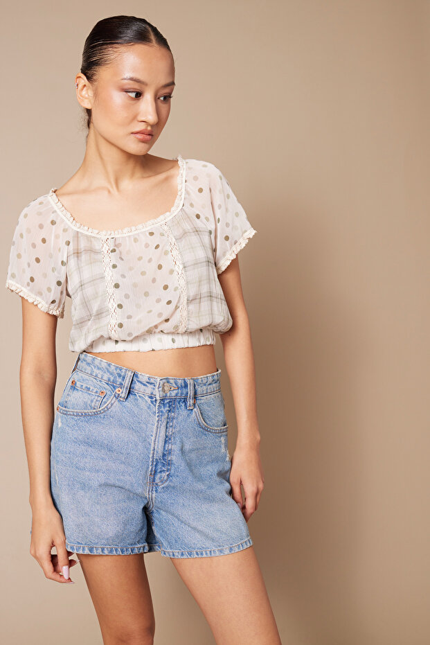 Combined Patterned Lace Top with Ribbons
