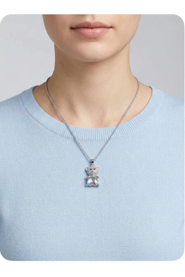 316L Anti-Tarnish Steel Stone Teddy Bear Figured Heart Detailed Silver Color Women's Necklace