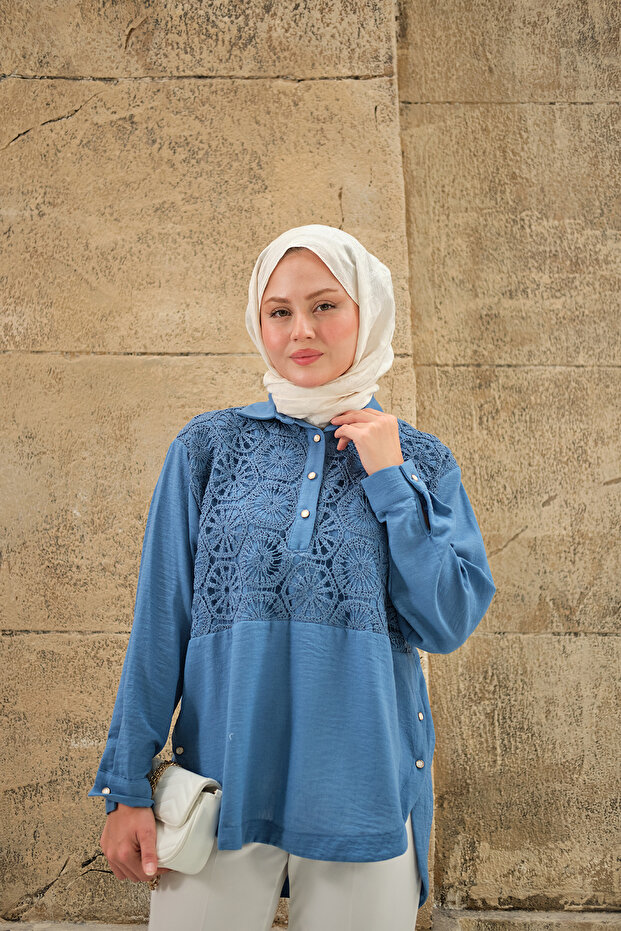 Women's Front Embroidered Lace Detail Half Buttoned Shirt Blue